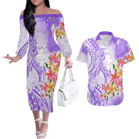 Polynesian Women's Day Wahine Couples Matching Off The Shoulder Long Sleeve Dress and Hawaiian Shirt Plumeria Marble Glaze - Purple LT7 Purple - Polynesian Pride