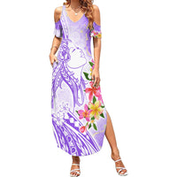 Polynesian Women's Day Wahine Family Matching Summer Maxi Dress and Hawaiian Shirt Plumeria Marble Glaze - Purple LT7 Mom's Dress Purple - Polynesian Pride
