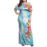 Polynesian Women's Day Wahine Family Matching Off Shoulder Maxi Dress and Hawaiian Shirt Plumeria Marble Glaze - Turquoise LT7 Mom's Dress Turquoise - Polynesian Pride