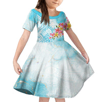 Polynesian Women's Day Wahine Family Matching Puletasi and Hawaiian Shirt Plumeria Marble Glaze - Turquoise LT7 Daughter's Dress Turquoise - Polynesian Pride