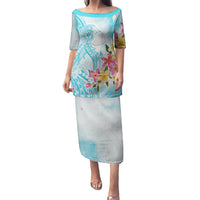 Polynesian Women's Day Wahine Family Matching Puletasi and Hawaiian Shirt Plumeria Marble Glaze - Turquoise LT7 Mom's Dress Turquoise - Polynesian Pride