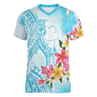 Polynesian Women's Day Wahine Women V Neck T Shirt Plumeria Marble Glaze - Turquoise LT7 Female Turquoise - Polynesian Pride
