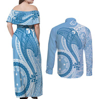 Micronesia FSM Couples Matching Off Shoulder Maxi Dress and Long Sleeve Button Shirt Shark and Manta Classic Style