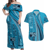 Pasifika Women's Day - Samoa Siapo Malu Tattoo Inspired Couples Matching Off Shoulder Maxi Dress and Hawaiian Shirt Turquoise