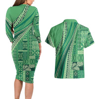 Pasifika Women's Day - Samoa Siapo Malu Tattoo Inspired Couples Matching Long Sleeve Bodycon Dress and Hawaiian Shirt Jade
