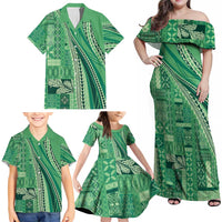 Pasifika Women's Day - Samoa Siapo Malu Tattoo Inspired Family Matching Off Shoulder Maxi Dress and Hawaiian Shirt Jade