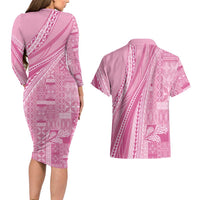 Pasifika Women's Day - Samoa Siapo Malu Tattoo Inspired Couples Matching Long Sleeve Bodycon Dress and Hawaiian Shirt Pink