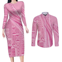 Pasifika Women's Day - Samoa Siapo Malu Tattoo Inspired Couples Matching Long Sleeve Bodycon Dress and Long Sleeve Button Shirt Pink