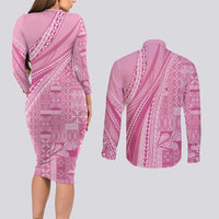 Pasifika Women's Day - Samoa Siapo Malu Tattoo Inspired Couples Matching Long Sleeve Bodycon Dress and Long Sleeve Button Shirt Pink