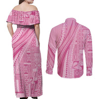 Pasifika Women's Day - Samoa Siapo Malu Tattoo Inspired Couples Matching Off Shoulder Maxi Dress and Long Sleeve Button Shirt Pink