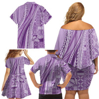 Pasifika Women's Day - Samoa Siapo Malu Tattoo Inspired Family Matching Off Shoulder Short Dress and Hawaiian Shirt Lavender