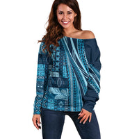 Pasifika Women's Day - Samoa Siapo Malu Tattoo Inspired Off Shoulder Sweater Navy Blue LT7 Women Navy Blue - Polynesian Pride
