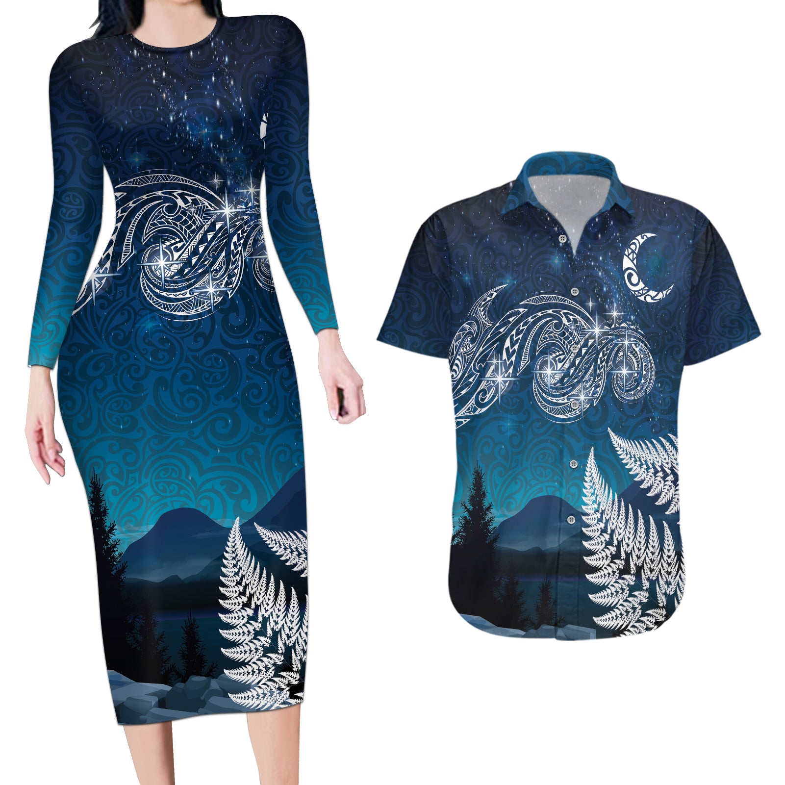 New Zealand Matariki Couples Matching Long Sleeve Bodycon Dress and Hawaiian Shirt Starry Night Style