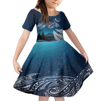 New Zealand Matariki Family Matching Off The Shoulder Long Sleeve Dress and Hawaiian Shirt Starry Night Style LT7 Daughter's Dress Navy - Polynesian Pride
