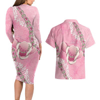 Hawaii Maui Island Flowers Lei Couples Matching Long Sleeve Bodycon Dress and Hawaiian Shirt Lokelani Rose Pink