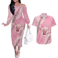 Hawaii Maui Island Flowers Lei Couples Matching Off The Shoulder Long Sleeve Dress and Hawaiian Shirt Lokelani Rose Pink
