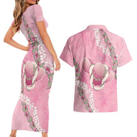 Hawaii Maui Island Flowers Lei Couples Matching Short Sleeve Bodycon Dress and Hawaiian Shirt Lokelani Rose Pink