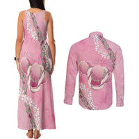Hawaii Maui Island Flowers Lei Couples Matching Tank Maxi Dress and Long Sleeve Button Shirt Lokelani Rose Pink