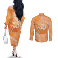 Hawaii Lanai Island Flowers Lei Couples Matching Off The Shoulder Long Sleeve Dress and Long Sleeve Button Shirt Orange Kaunaoa Mix Maile