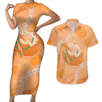 Hawaii Lanai Island Flowers Lei Couples Matching Short Sleeve Bodycon Dress and Hawaiian Shirt Orange Kaunaoa Mix Maile