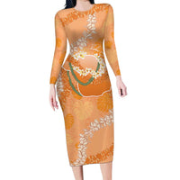 Hawaii Lanai Island Flowers Lei Family Matching Long Sleeve Bodycon Dress and Hawaiian Shirt Orange Kaunaoa Mix Maile