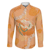 Hawaii Lanai Island Flowers Lei Family Matching Off The Shoulder Long Sleeve Dress and Hawaiian Shirt Orange Kaunaoa Mix Maile