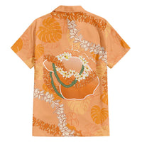 Hawaii Lanai Island Flowers Lei Family Matching Off Shoulder Maxi Dress and Hawaiian Shirt Orange Kaunaoa Mix Maile