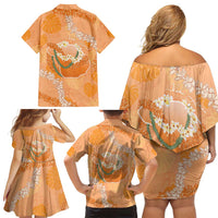 Hawaii Lanai Island Flowers Lei Family Matching Off Shoulder Short Dress and Hawaiian Shirt Orange Kaunaoa Mix Maile