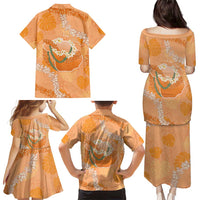 Hawaii Lanai Island Flowers Lei Family Matching Puletasi and Hawaiian Shirt Orange Kaunaoa Mix Maile