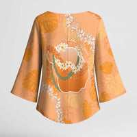 Hawaii Lanai Island Flowers Lei Kimono Sleeve Blouse Orange Kaunaoa Mix Maile LT7 - Polynesian Pride