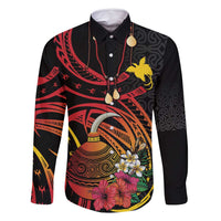 Personalized Milne Bay Family Matching Off Shoulder Short Dress and Hawaiian Shirt PNG Lime Pot with Oro Tapa LT7 Dad's Shirt - Long Sleeve Black - Polynesian Pride