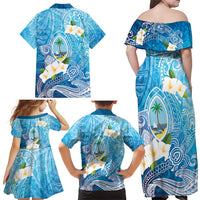 Hafa Adai Guam Chamorro Personalized Family Matching Off Shoulder Maxi Dress and Hawaiian Shirt Ocean Blue Latte Stone with Guasali - Polynesian Pride