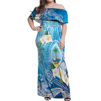 Hafa Adai Guam Chamorro Personalized Off Shoulder Maxi Dress Ocean Blue Latte Stone with Guasali - Polynesian Pride