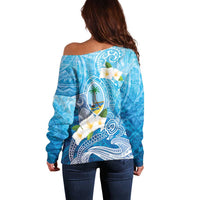 Hafa Adai Guam Chamorro Personalized Off Shoulder Sweater Ocean Blue Latte Stone with Guasali - Polynesian Pride