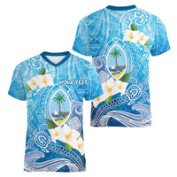 Hafa Adai Guam Chamorro Personalized Women V-Neck T-Shirt Ocean Blue Latte Stone with Guasali - Polynesian Pride