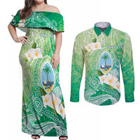 Hafa Adai Guam Chamorro Personalized Couples Matching Off Shoulder Maxi Dress and Long Sleeve Button Shirt Summer Green Latte Stone with Guasali - Polynesian Pride