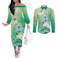 Hafa Adai Guam Chamorro Personalized Couples Matching Off The Shoulder Long Sleeve Dress and Long Sleeve Button Shirt Summer Green Latte Stone with Guasali - Polynesian Pride