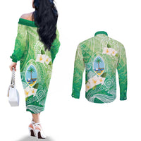 Hafa Adai Guam Chamorro Personalized Couples Matching Off The Shoulder Long Sleeve Dress and Long Sleeve Button Shirt Summer Green Latte Stone with Guasali - Polynesian Pride
