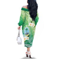 Hafa Adai Guam Chamorro Personalized Family Matching Off The Shoulder Long Sleeve Dress and Hawaiian Shirt Summer Green Latte Stone with Guasali - Polynesian Pride