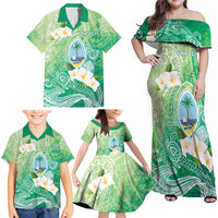 Hafa Adai Guam Chamorro Personalized Family Matching Off Shoulder Maxi Dress and Hawaiian Shirt Summer Green Latte Stone with Guasali - Polynesian Pride