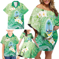 Hafa Adai Guam Chamorro Personalized Family Matching Off Shoulder Short Dress and Hawaiian Shirt Summer Green Latte Stone with Guasali - Polynesian Pride