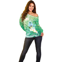 Hafa Adai Guam Chamorro Personalized Off Shoulder Sweater Summer Green Latte Stone with Guasali - Polynesian Pride