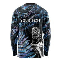New Zealand Maori Rugby Personalised Long Sleeve Shirt Ta Moko Silver Fern - Paua Blue