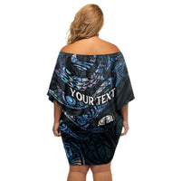 New Zealand Maori Rugby Personalised Off Shoulder Short Dress Ta Moko Silver Fern - Paua Blue