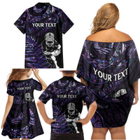 New Zealand Maori Rugby Personalised Family Matching Off Shoulder Short Dress and Hawaiian Shirt Ta Moko Silver Fern - Paua Purple
