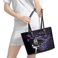 New Zealand Maori Rugby Personalised Leather Tote Bag Ta Moko Silver Fern - Paua Purple