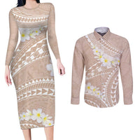 Polynesian Vintage Floral Couples Matching Long Sleeve Bodycon Dress and Long Sleeve Button Shirt Beige Motifs - Polynesian Pride