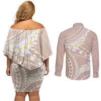 Polynesian Vintage Floral Couples Matching Off Shoulder Short Dress and Long Sleeve Button Shirt Beige Motifs - Polynesian Pride