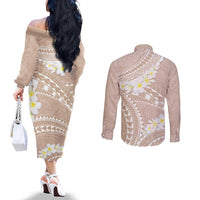 Polynesian Vintage Floral Couples Matching Off The Shoulder Long Sleeve Dress and Long Sleeve Button Shirt Beige Motifs - Polynesian Pride