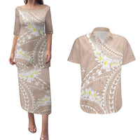 Polynesian Vintage Floral Couples Matching Puletasi and Hawaiian Shirt Beige Motifs - Polynesian Pride